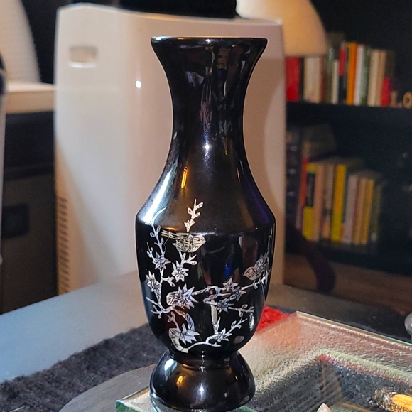 Vintage Black Vase Inlaid w/Mother of Pearl - Picture 1 of 6